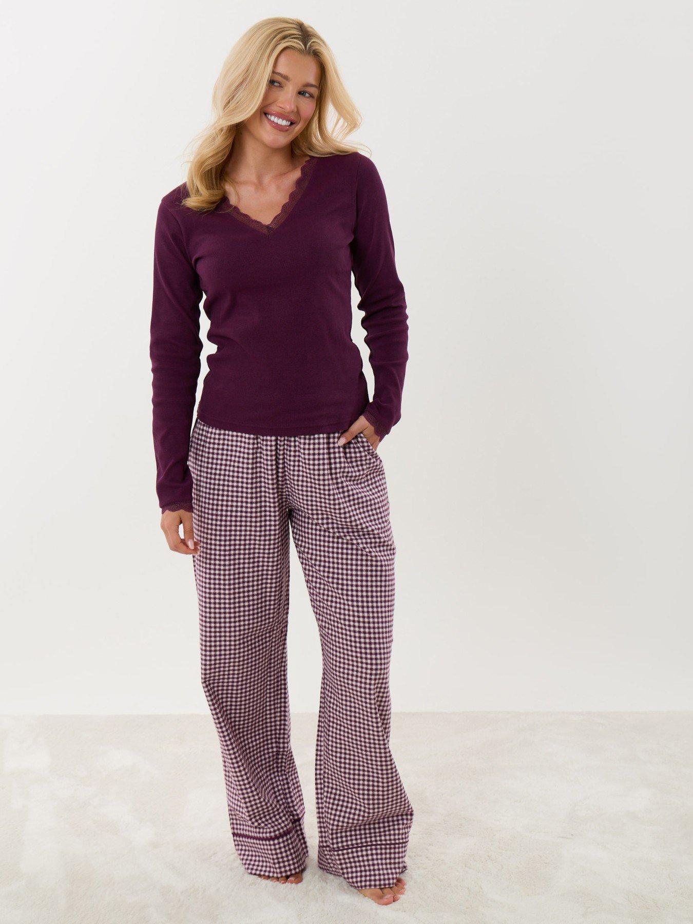 Image 3 of 5 of Threadbare Cotton Long Pyjama Set In Plum Gingham