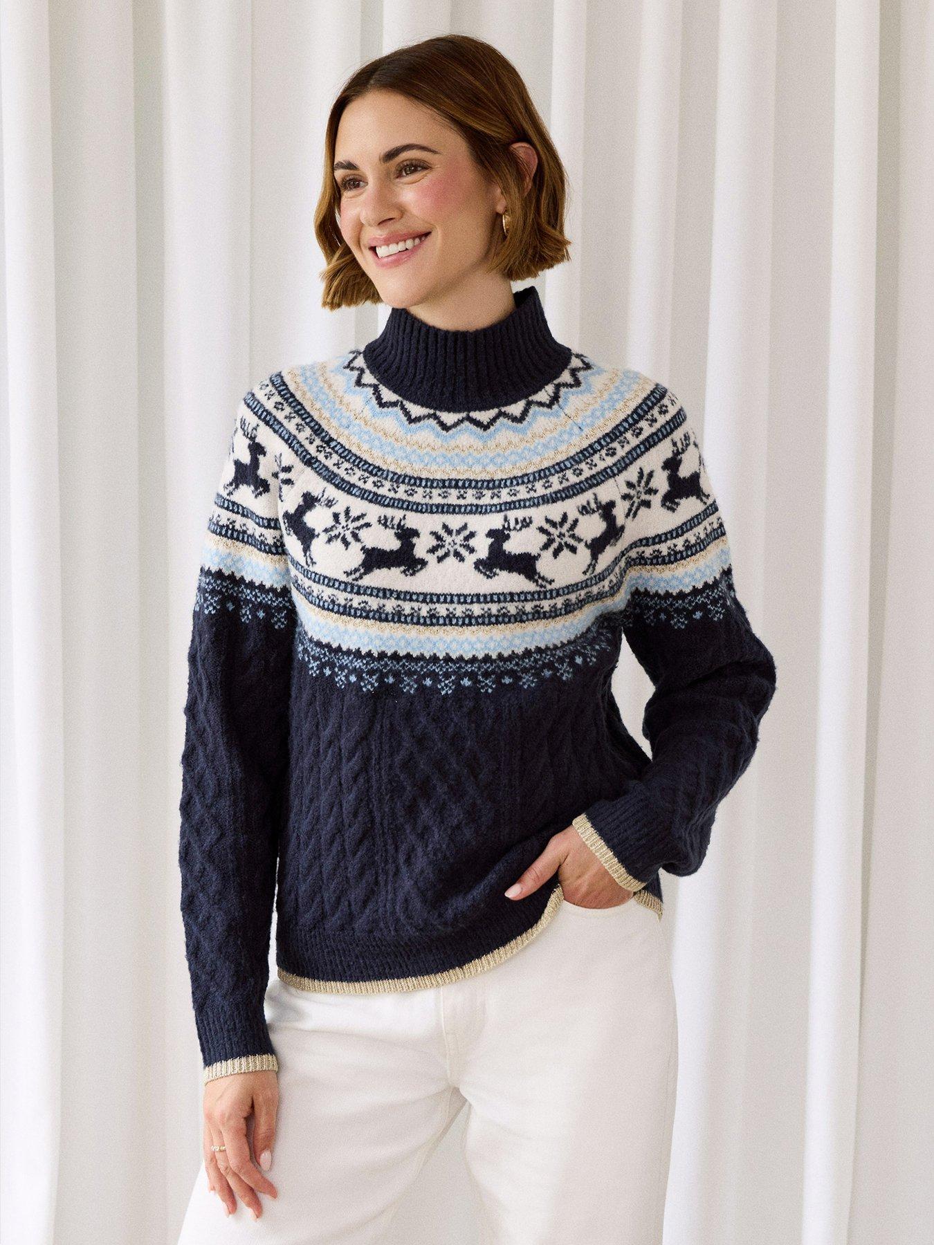 Image 1 of 4 of Threadbare Womens Reindeer Fairisle High Neck Christmas Jumper - Blue
