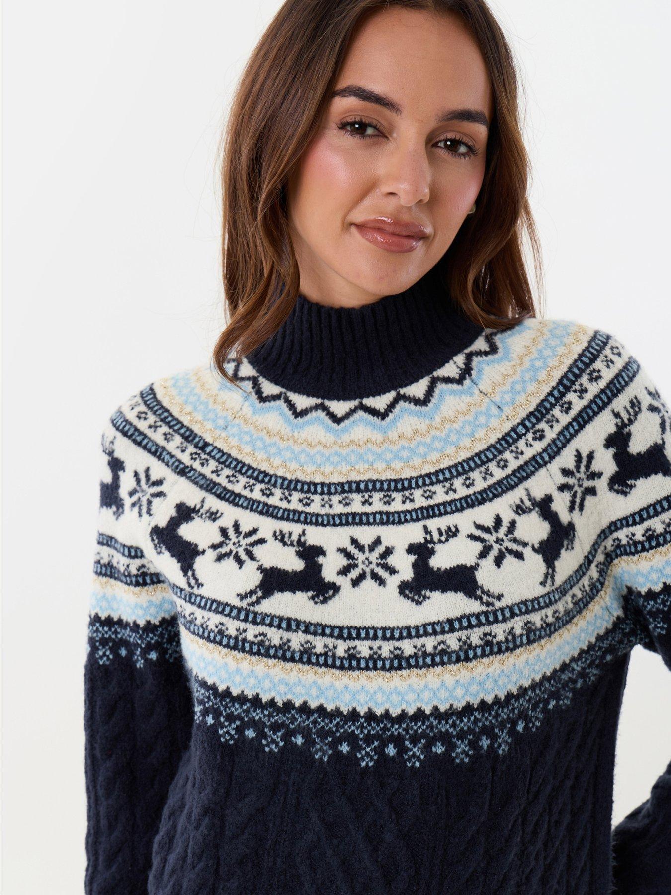 Image 4 of 4 of Threadbare Womens Reindeer Fairisle High Neck Christmas Jumper - Blue