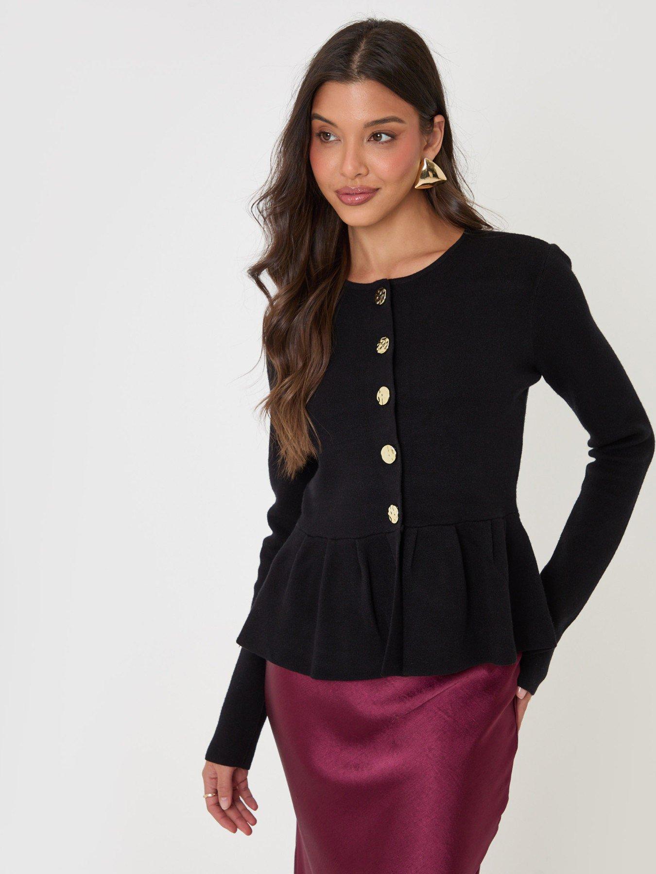 Image 1 of 4 of Threadbare Crew Neck Peplum Cardigan In Black