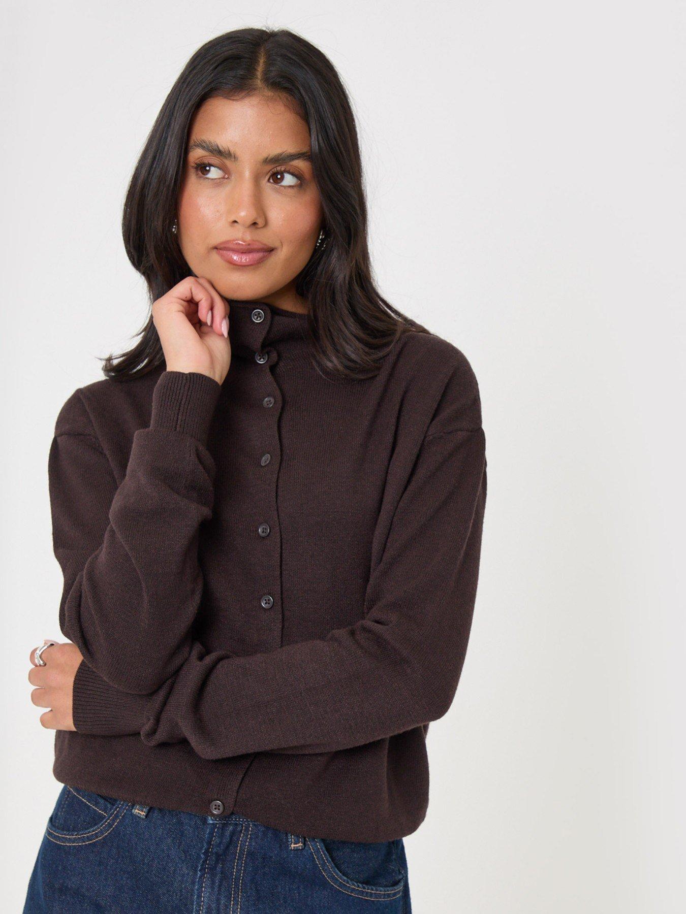 Image 1 of 5 of Threadbare Womens Compact Knit Funnel Neck Cardigan - Brown