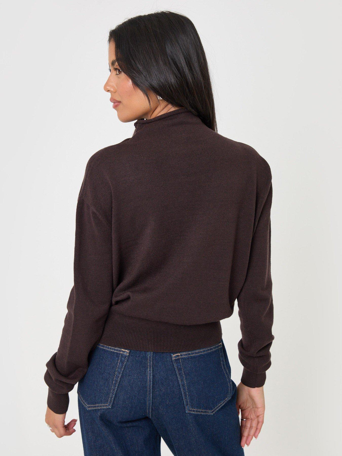 Image 2 of 5 of Threadbare Womens Compact Knit Funnel Neck Cardigan - Brown