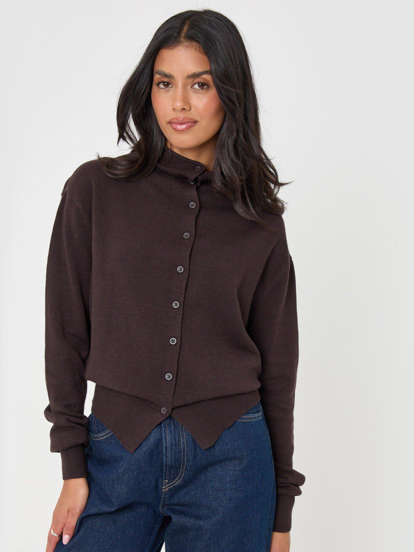 Image 5 of 5 of Threadbare Womens Compact Knit Funnel Neck Cardigan - Brown