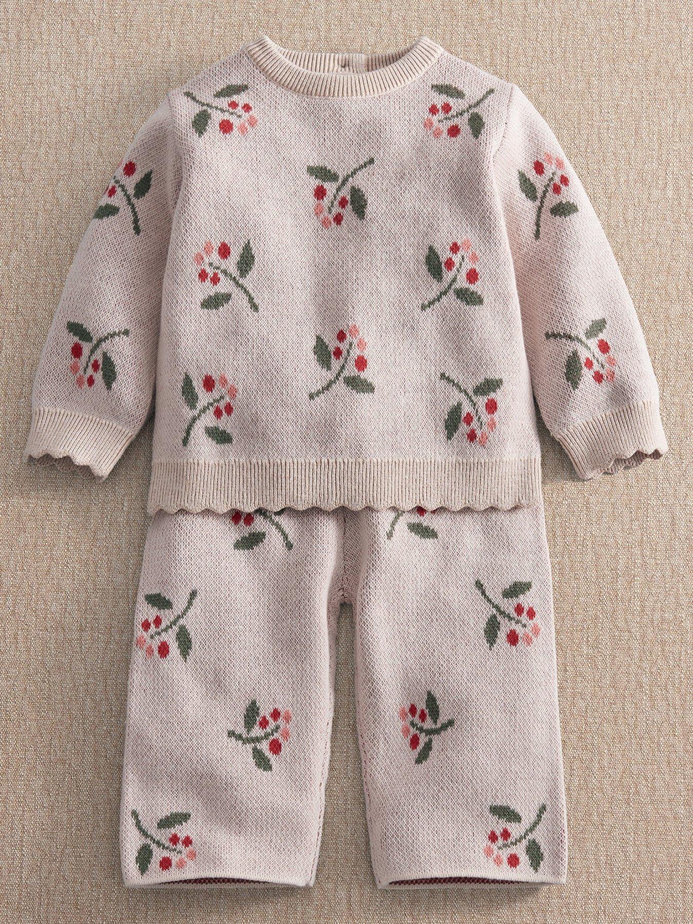 Mamas & Papas Baby Girls 2 Piece Berry Knitted Top & Wide Trousers Set, Pink, Size 6-9 Months