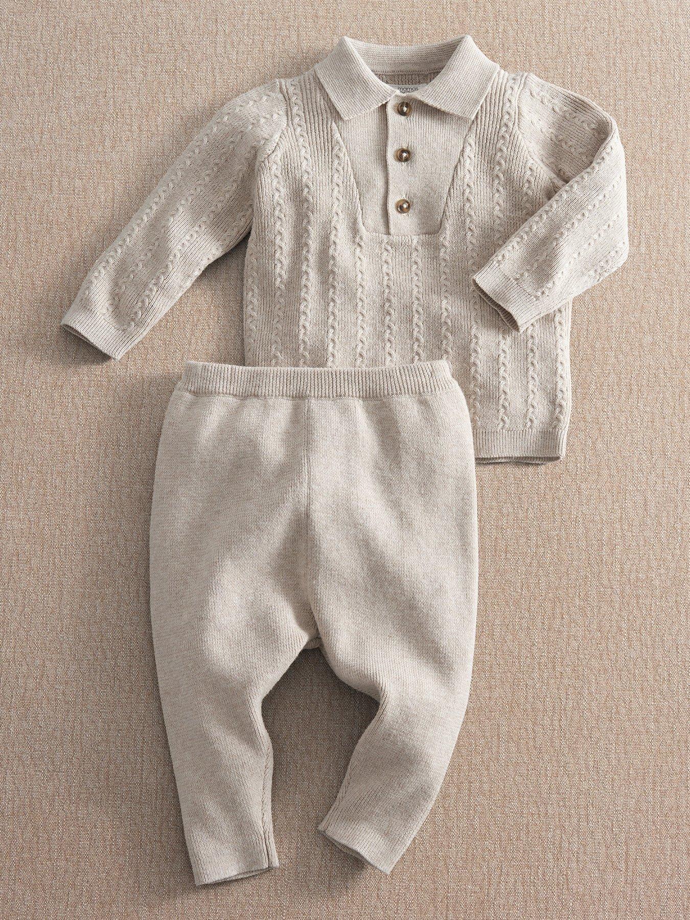 Mamas & Papas Baby Boys 2 Piece Knitted Polo Collar Jumper & Rib Trousers Set, Cream, Size 3-6 Months