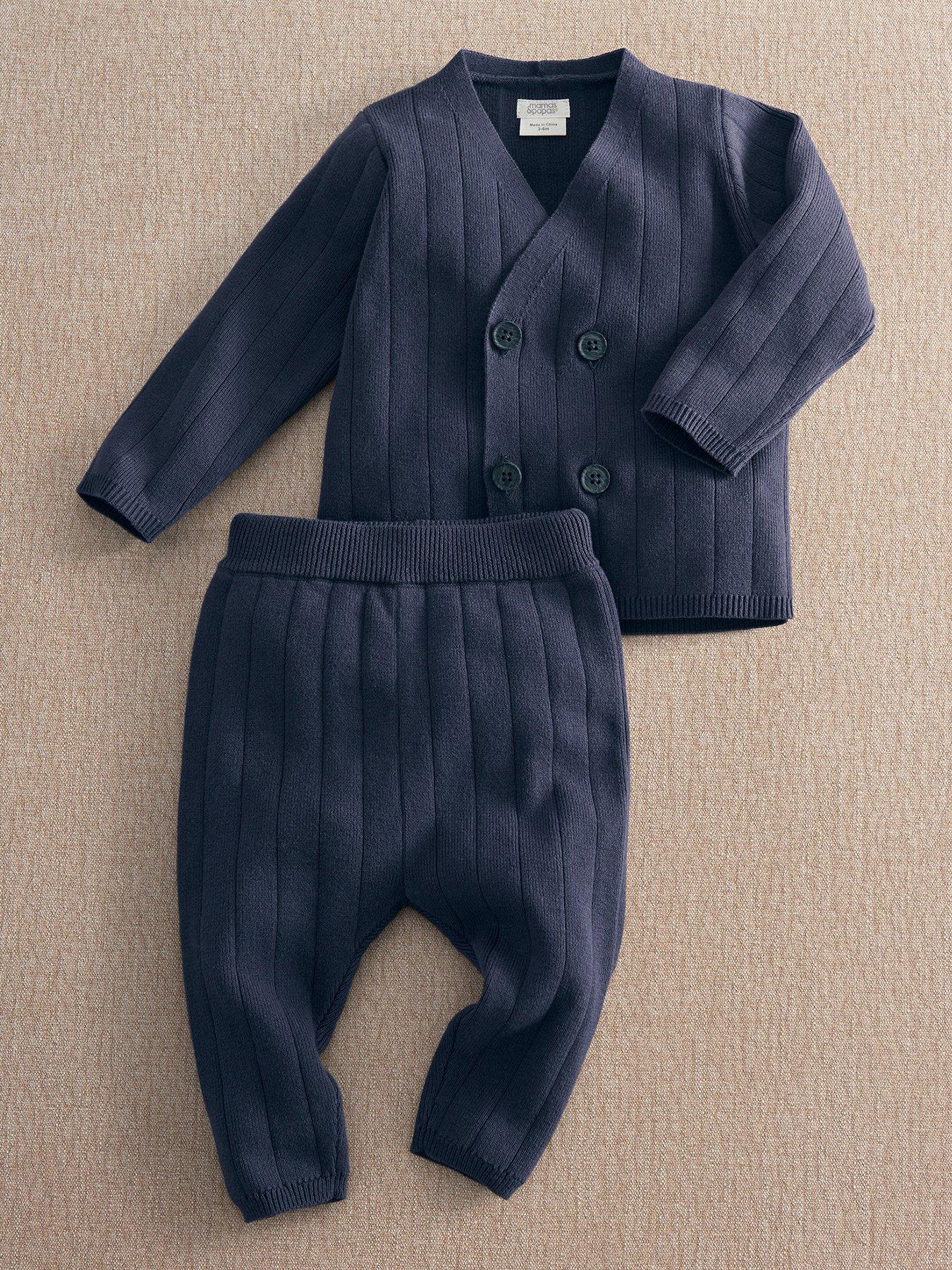 Mamas & Papas Baby Boys 2 Piece Knitted Wrap Cardigan & Rib Trousers Set, Navy, Size Up To 1 Month