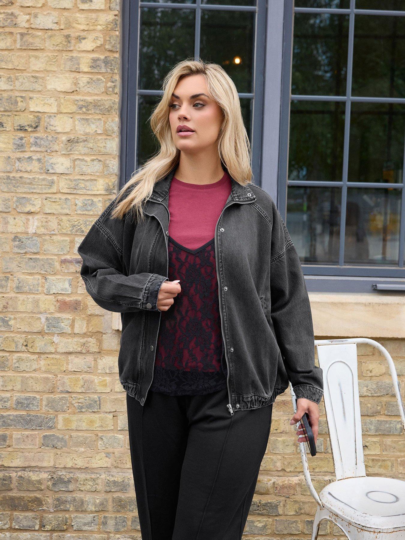 Image 1 of 4 of Yours Womens Curve Funnel Neck Denim Bomber Jacket - Black