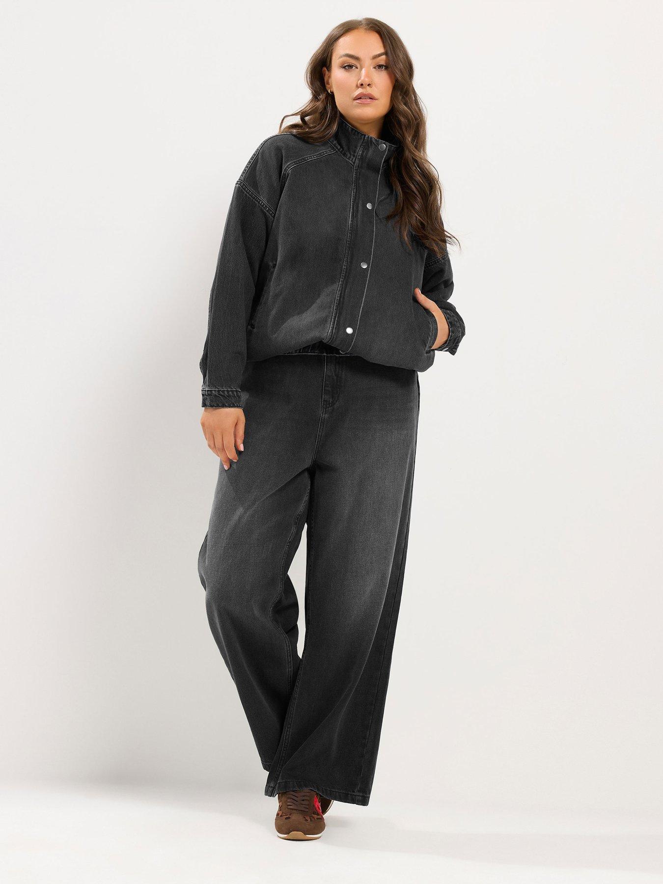 Image 3 of 4 of Yours Womens Curve Funnel Neck Denim Bomber Jacket - Black