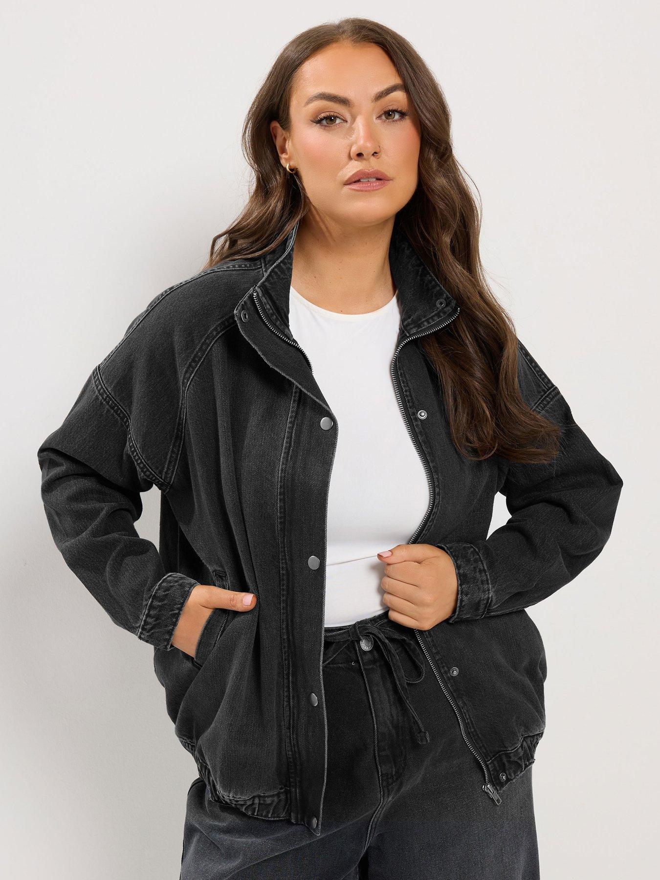 Image 4 of 4 of Yours Womens Curve Funnel Neck Denim Bomber Jacket - Black