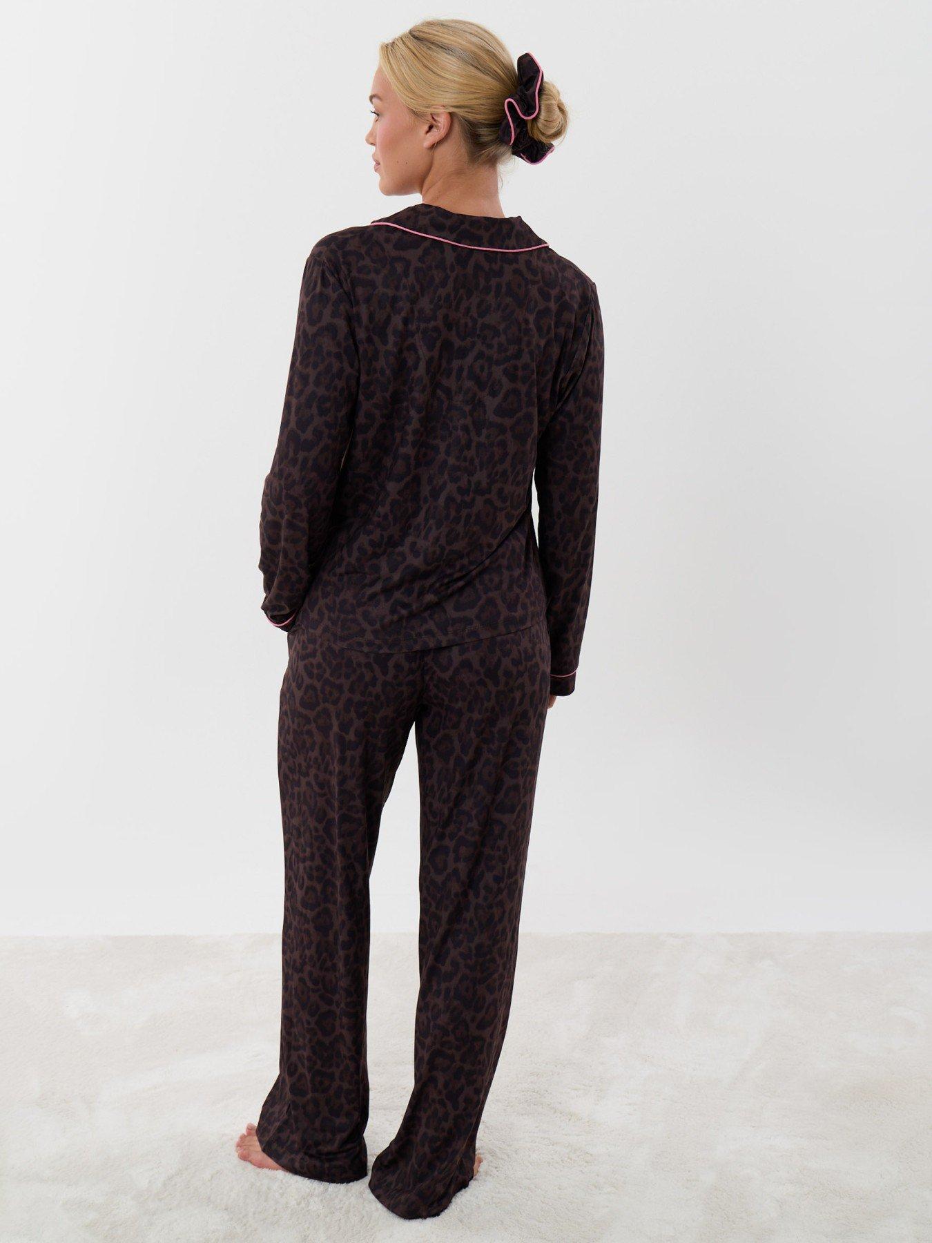 Image 2 of 6 of Threadbare Womens Contrast Piping Button-Through Pyjama Set - Brown