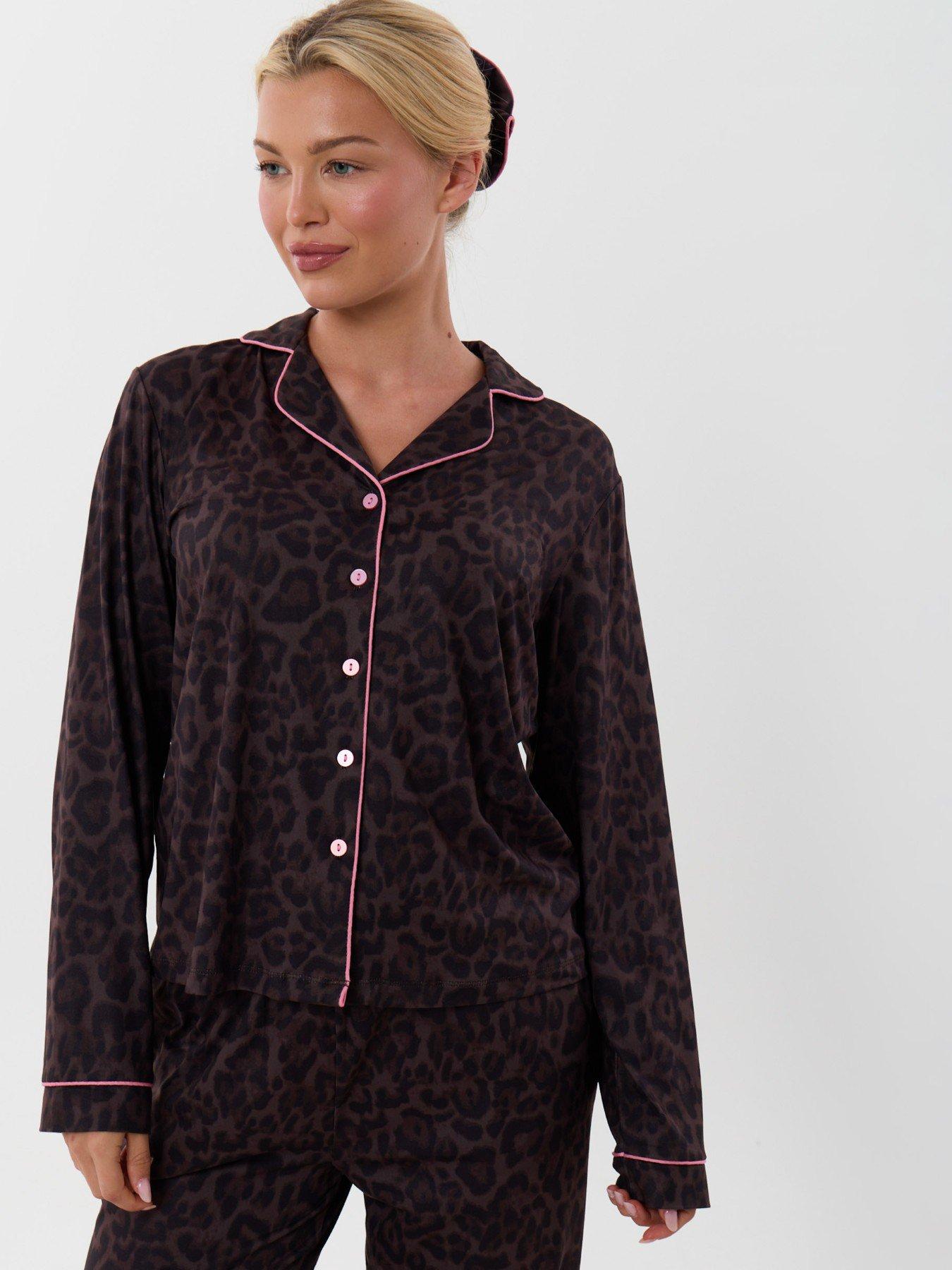 Image 5 of 6 of Threadbare Womens Contrast Piping Button-Through Pyjama Set - Brown
