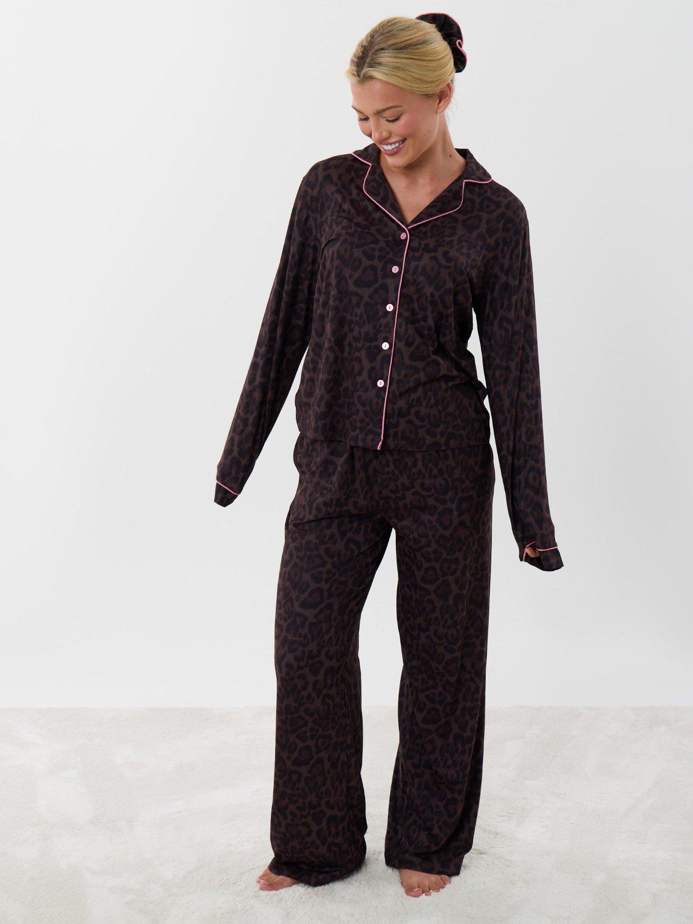 Image 6 of 6 of Threadbare Womens Contrast Piping Button-Through Pyjama Set - Brown