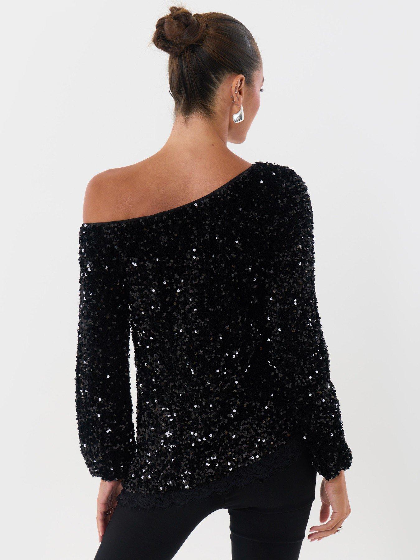 Image 2 of 5 of Threadbare Womens Asymmetric Sequin Long Sleeve Blouse - Black