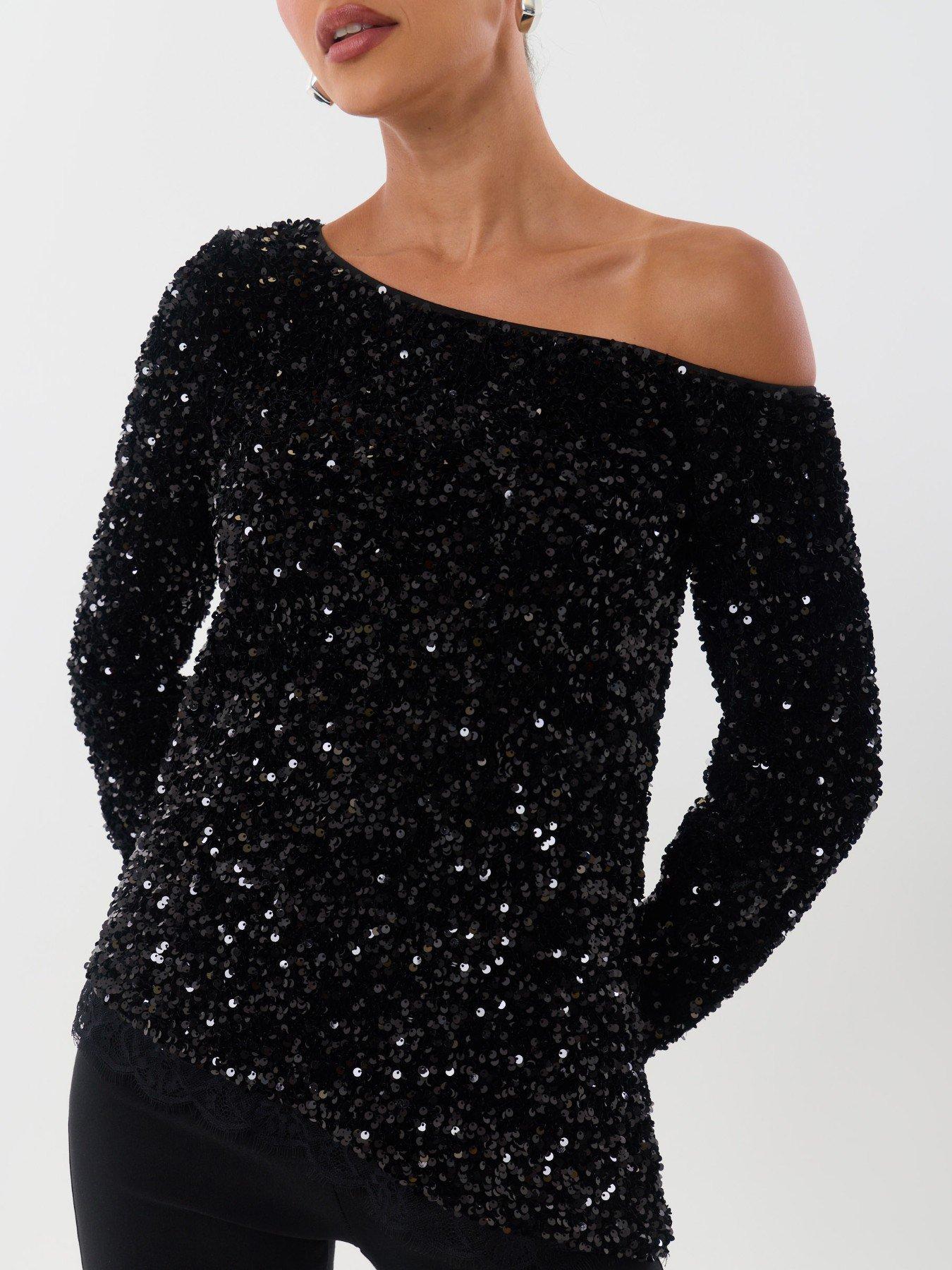 Image 3 of 5 of Threadbare Womens Asymmetric Sequin Long Sleeve Blouse - Black