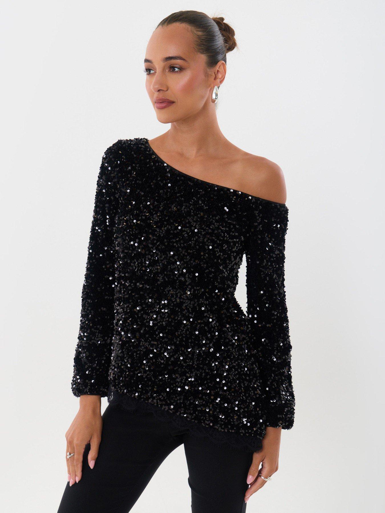 Image 5 of 5 of Threadbare Womens Asymmetric Sequin Long Sleeve Blouse - Black