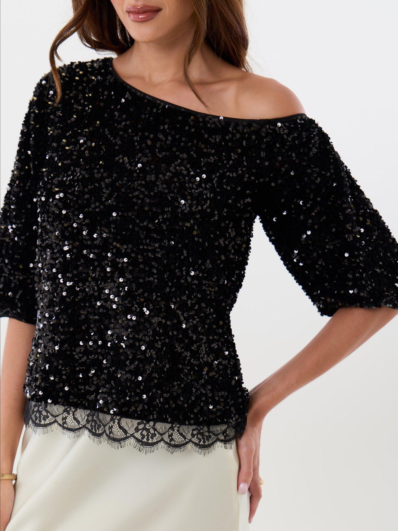 Image 3 of 4 of Threadbare Sequin Slash Neck Puff Sleeve Top In Black