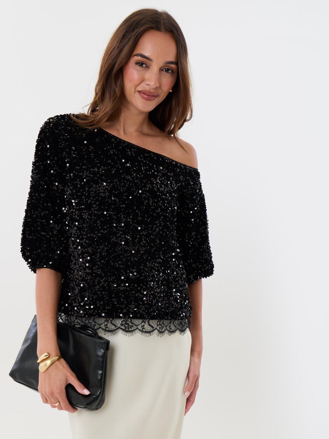 Image 4 of 4 of Threadbare Sequin Slash Neck Puff Sleeve Top In Black