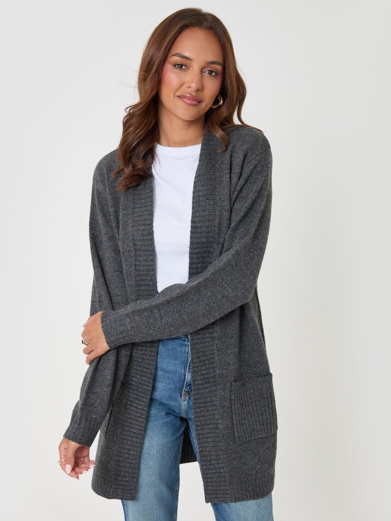 Image 1 of 4 of Threadbare Womens Longline Open Front Ribbed Collar Cardigan - Grey