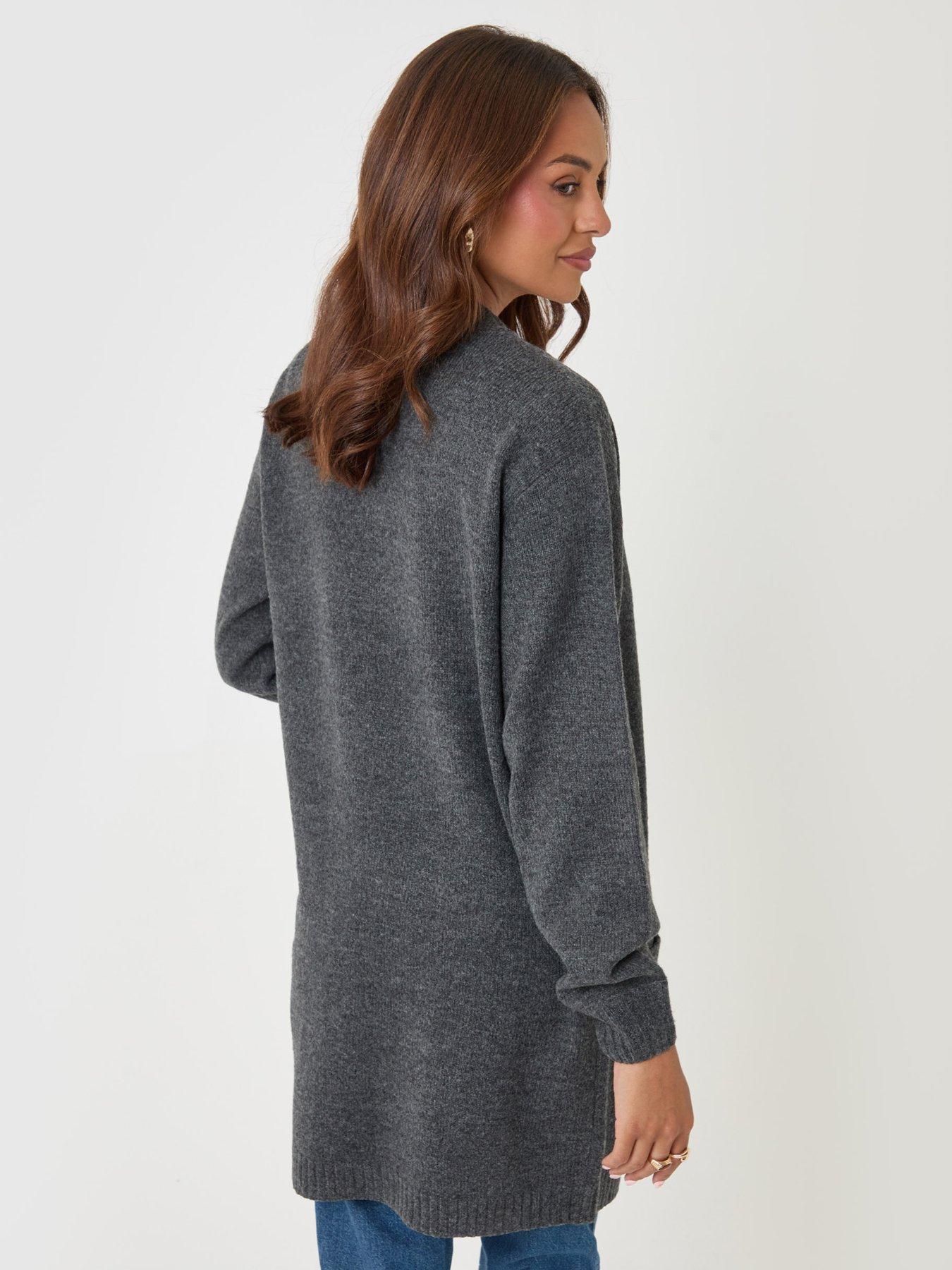 Image 2 of 4 of Threadbare Womens Longline Open Front Ribbed Collar Cardigan - Grey