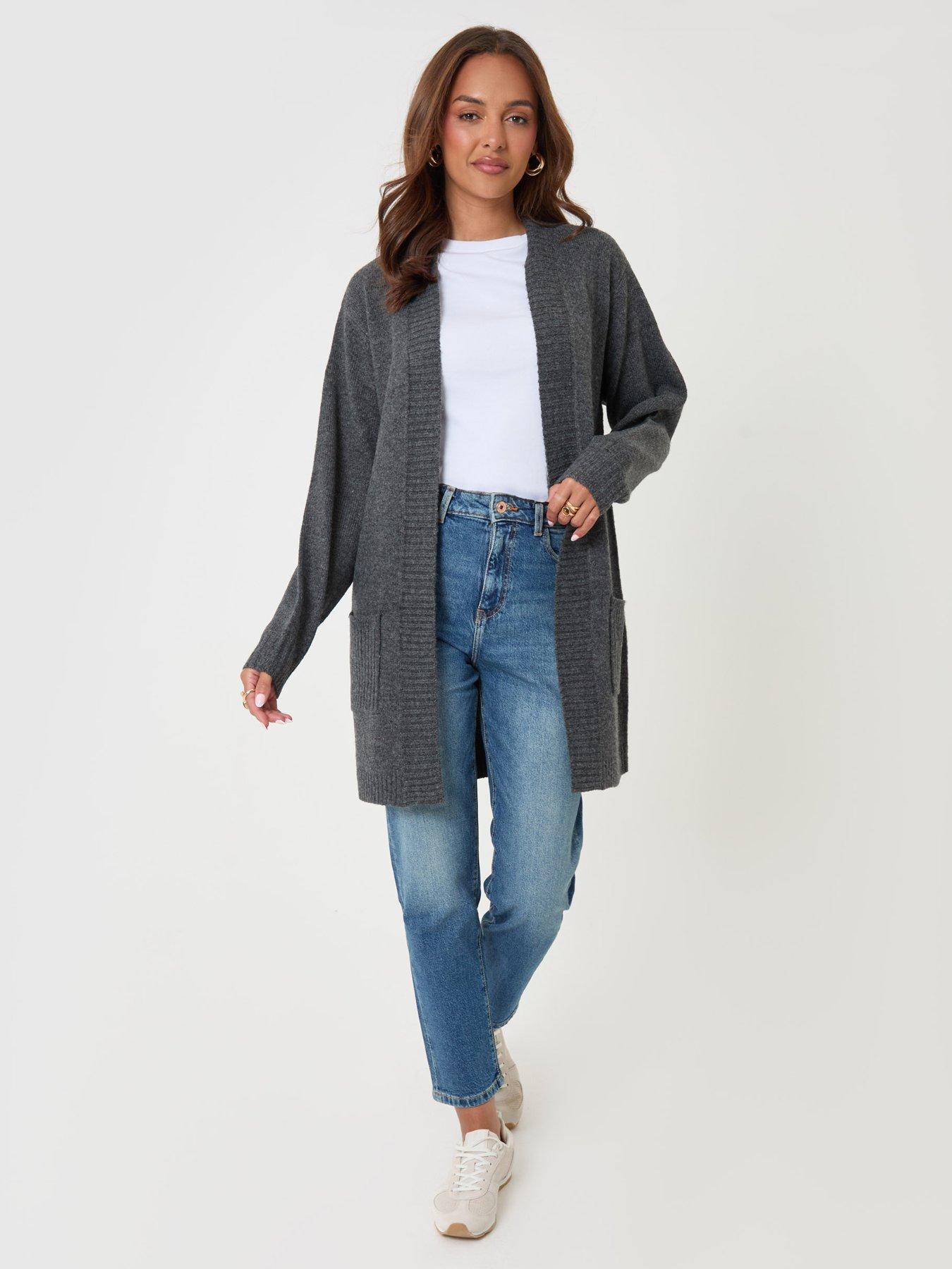 Image 3 of 4 of Threadbare Womens Longline Open Front Ribbed Collar Cardigan - Grey