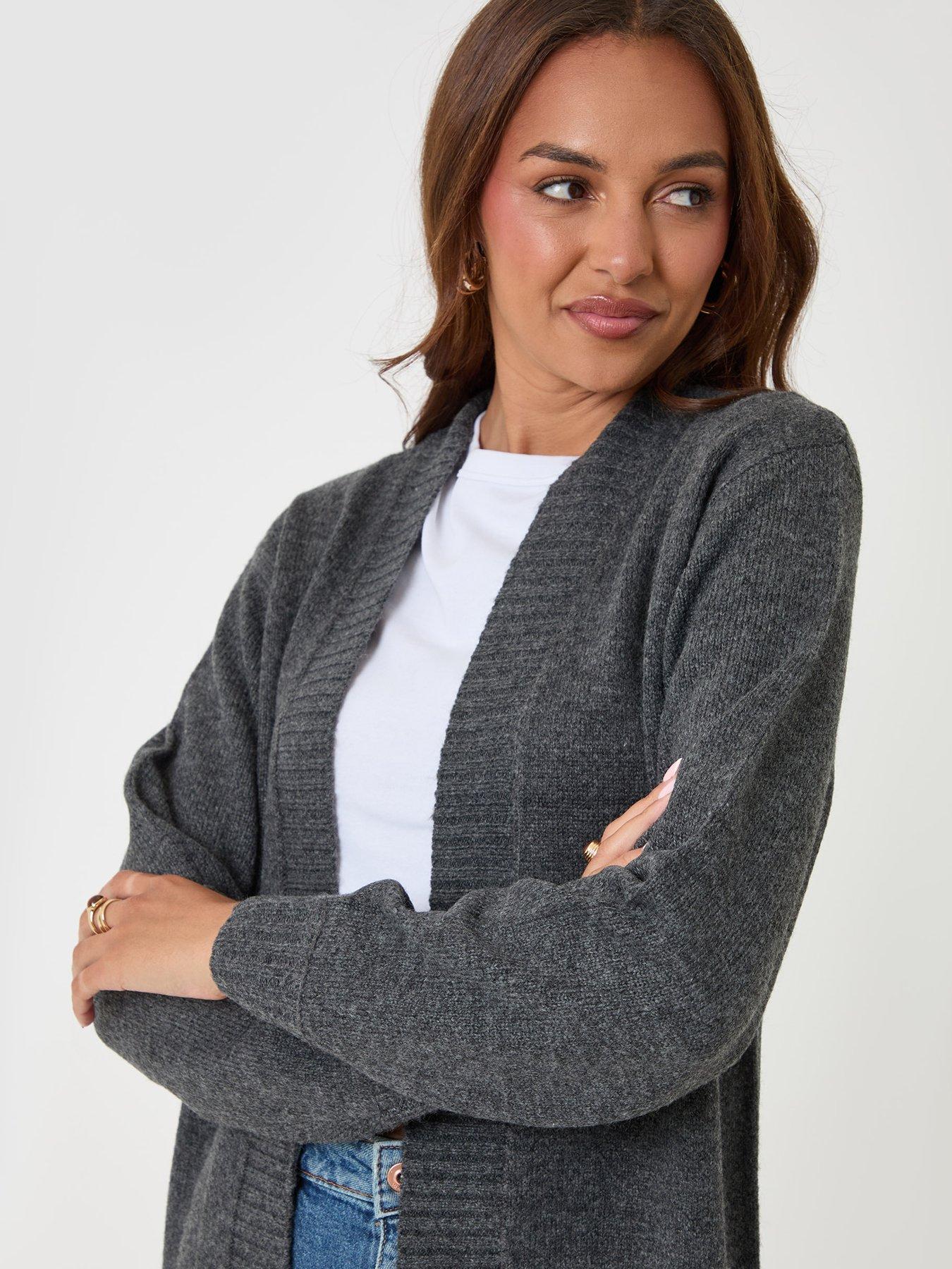 Image 4 of 4 of Threadbare Womens Longline Open Front Ribbed Collar Cardigan - Grey