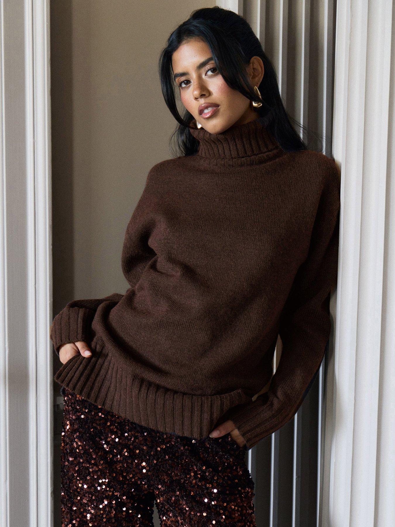 Image 1 of 5 of Threadbare Womens Oversized Roll Neck Jumper - Chocolate Brown