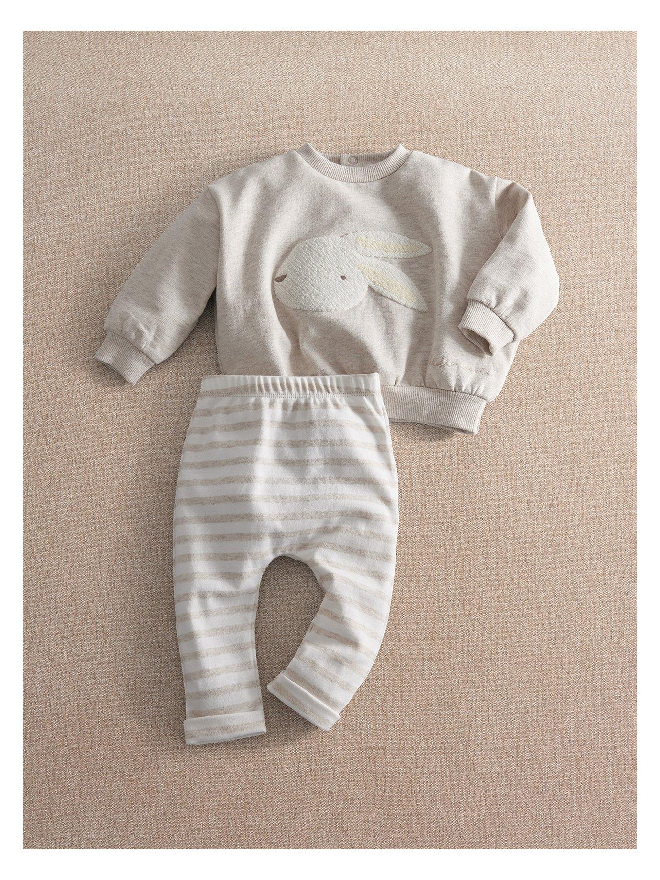 Mamas & Papas Baby Unisex 2 Piece Bunny Sweatshirt & Stripe Leggings Set, Grey, Size Age: Up To 1 Month