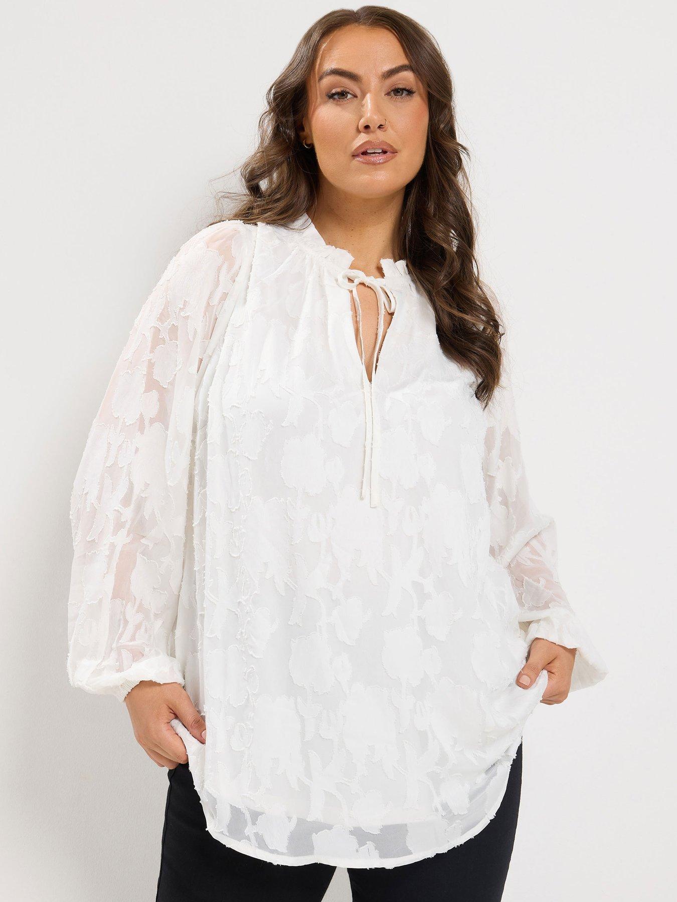 Image 1 of 4 of Yours Curve Frill Neck Lined Blouse - White