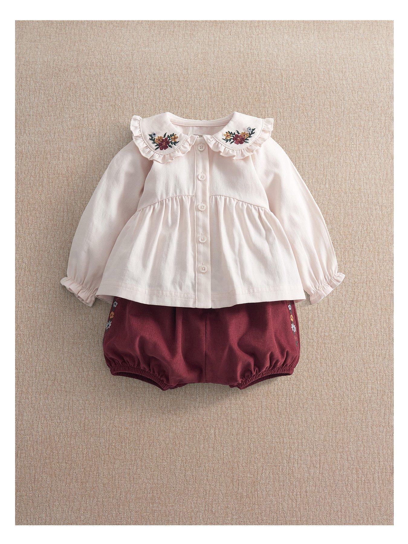 Mamas & Papas Baby Girls 2 Piece Floral Embroidered Blouse  &  Bloomer Set - Dark Red