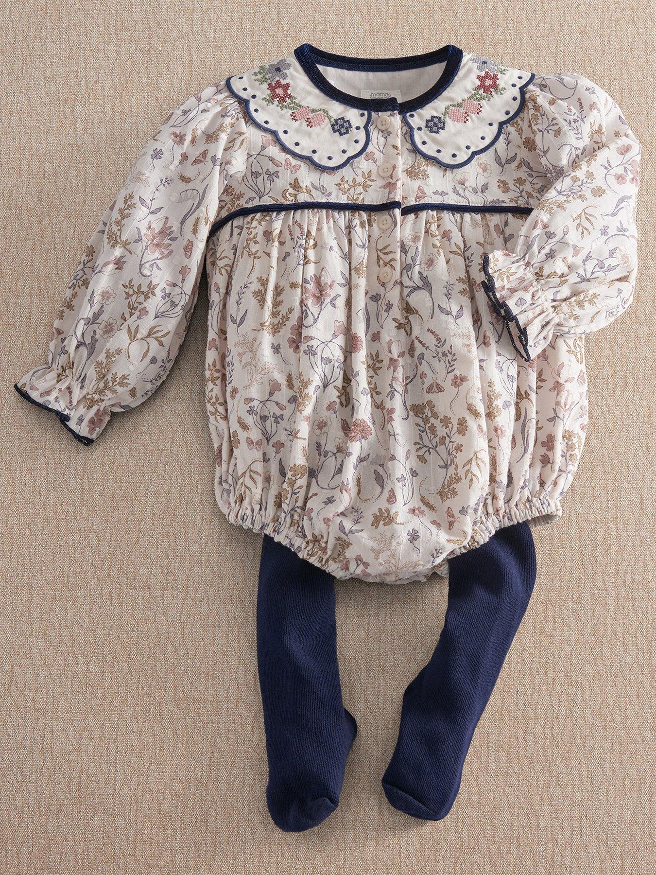 Image 1 of 3 of Mamas & Papas Baby Girls 2 Piece Twisted Floral Shortie Romper &amp; Tights Set - Multi