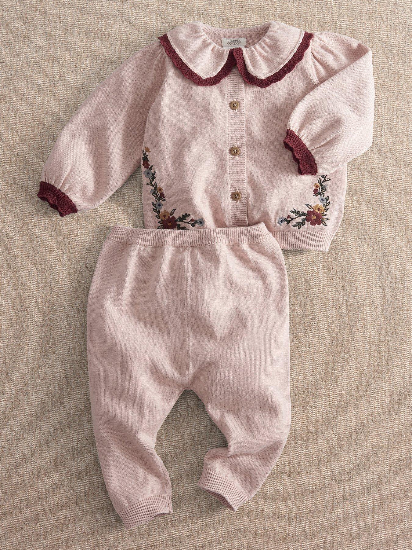 Mamas & Papas Baby Girls 2 Piece Floral Embroidered Knitted Cardigan & Leggings Set, Pink, Size Up To 1 Month