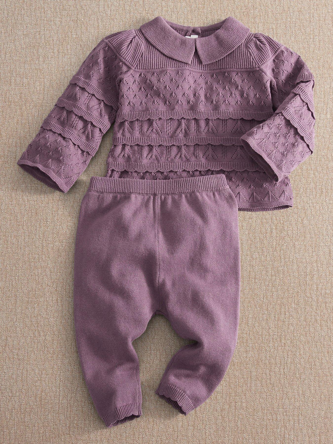 Mamas & Papas Baby Girls Patchwork Knitted Jumper & Rib Leggings Set With Scalloped Trims, Dark Purple, Size 12-18 Months