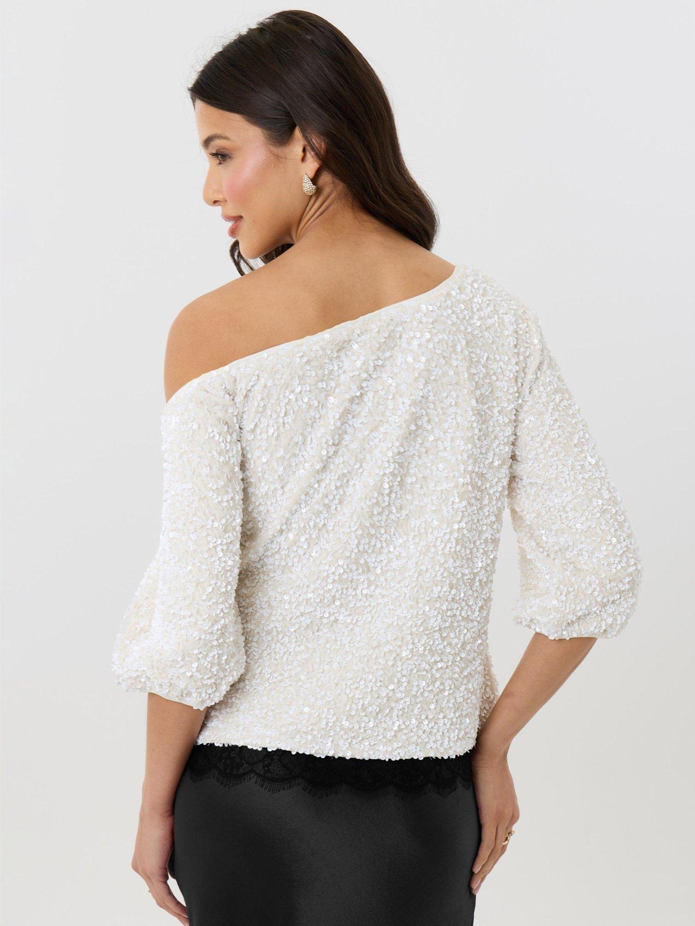 Image 2 of 4 of Threadbare Sequin Slash Neck Puff Sleeve Top In White