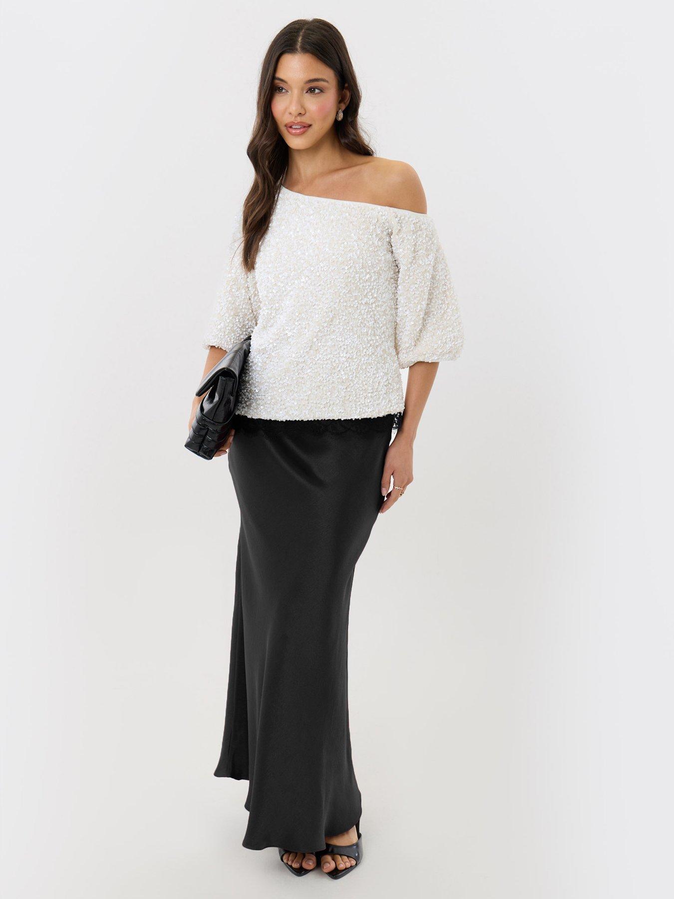 Image 4 of 4 of Threadbare Sequin Slash Neck Puff Sleeve Top In White