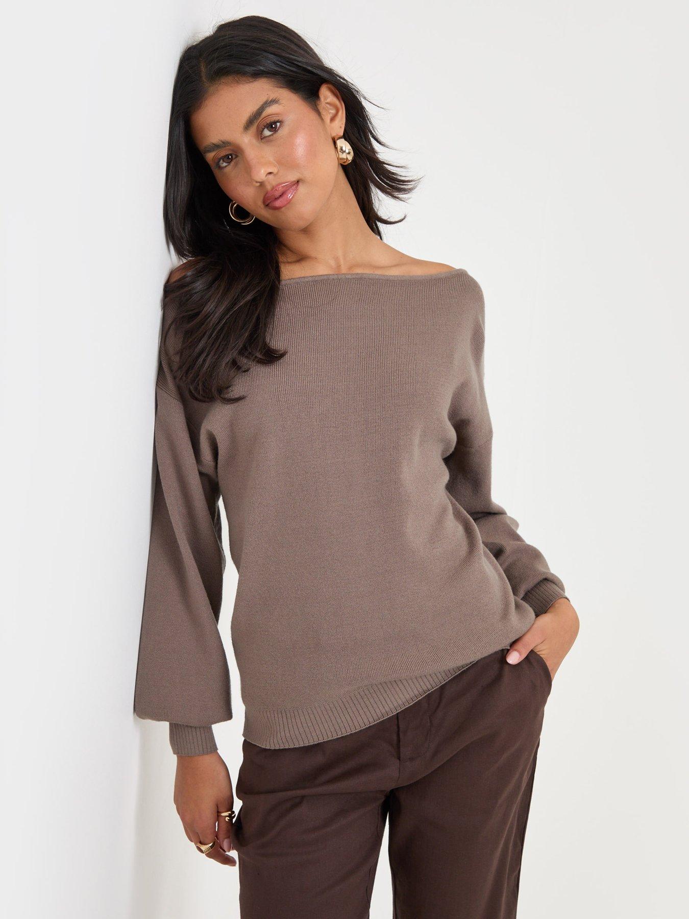 Image 1 of 4 of Threadbare Womens Soft Slash Neck Relaxed Jumper - Brown