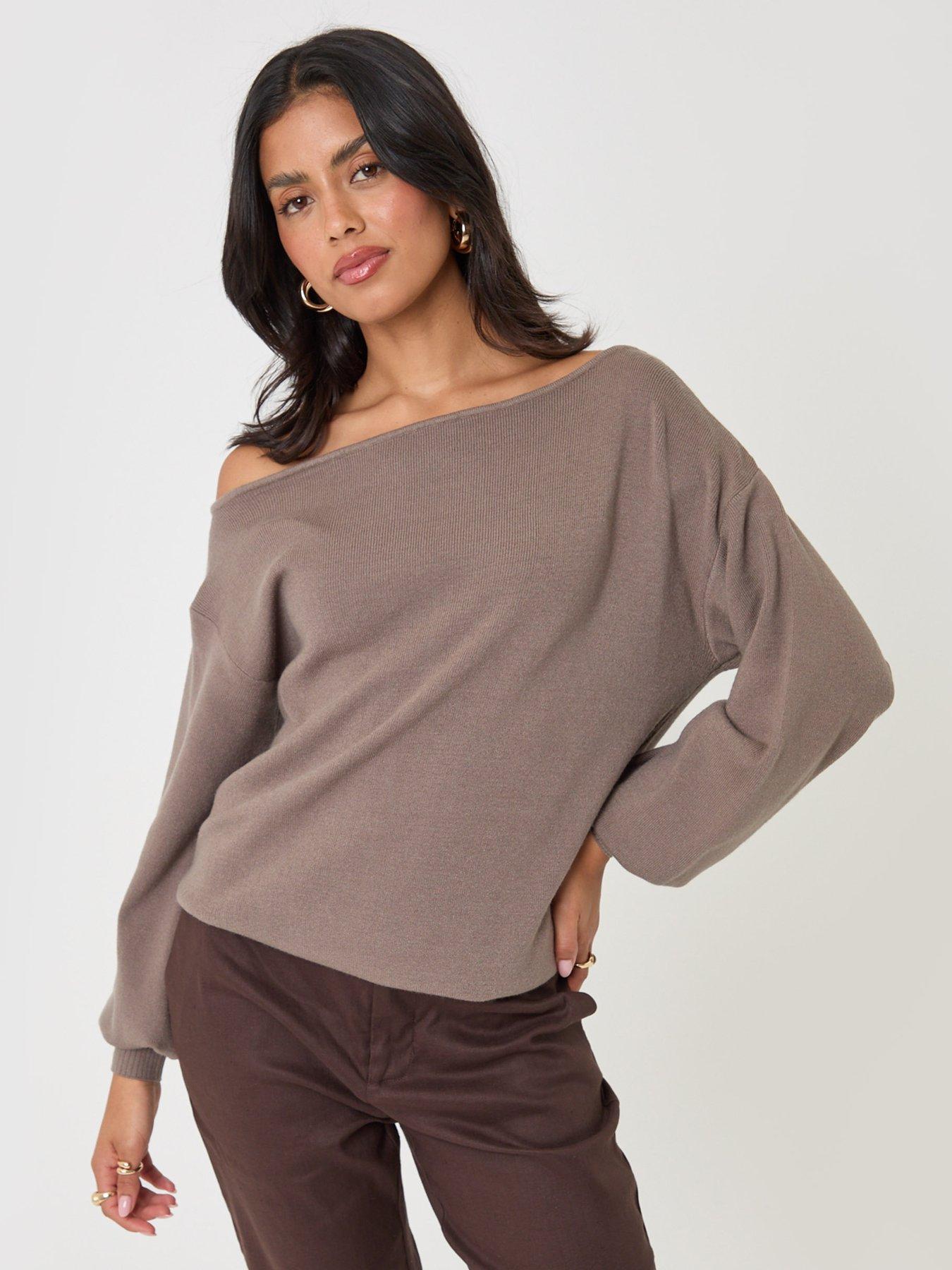 Image 3 of 4 of Threadbare Womens Soft Slash Neck Relaxed Jumper - Brown