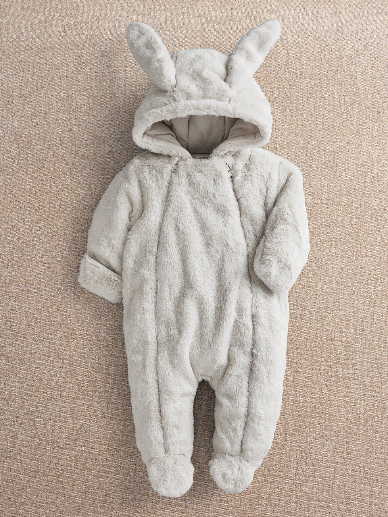 Mamas & Papas Baby Unisex Faux Fur Pramsuit With Bunny Ears, Grey, Size Age: Newborn