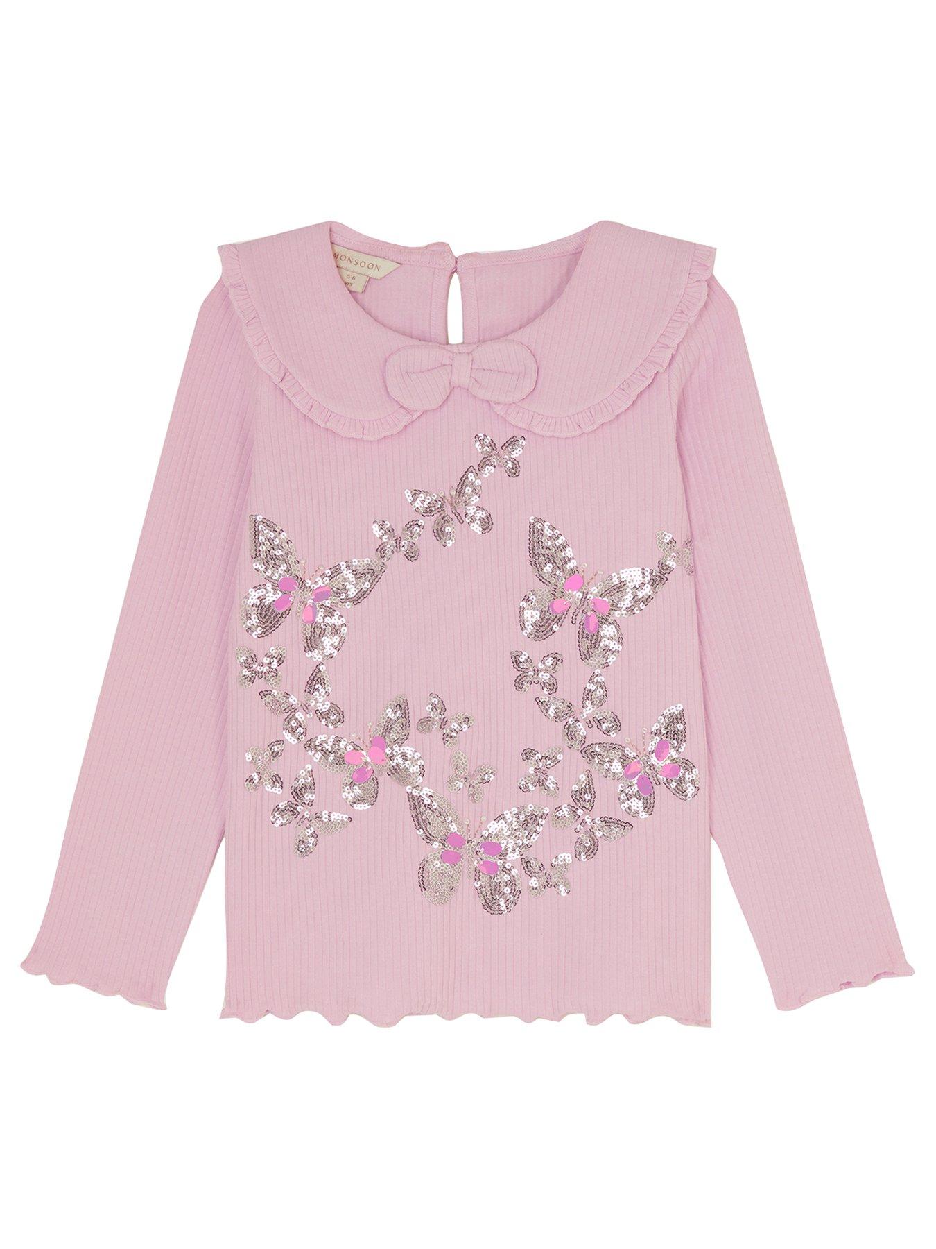 Monsoon Girls Long Sleeve Rib Collar Sequin Butterfly Tshirt - Light Purple