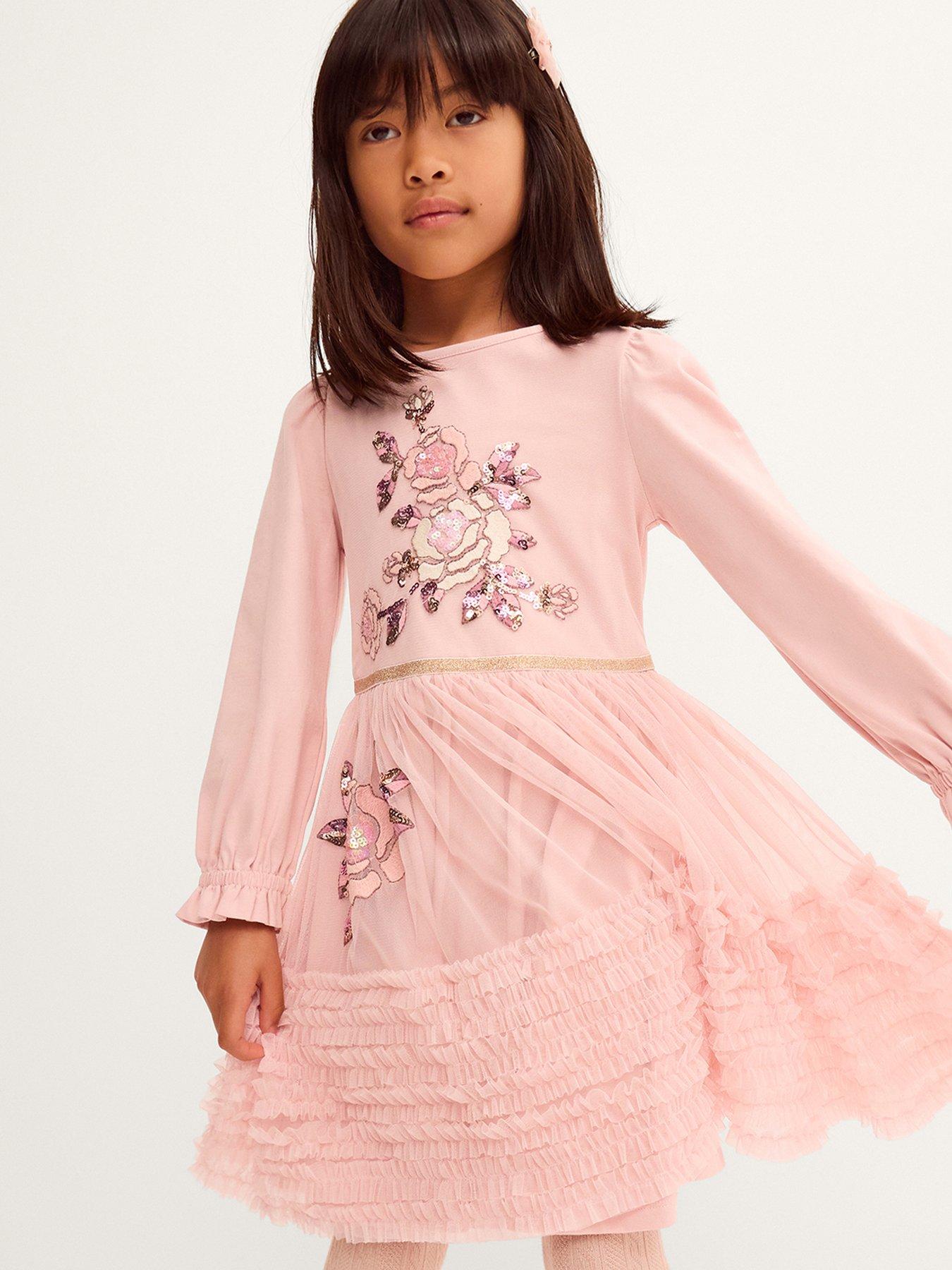 Image 1 of 4 of Monsoon Girls Floral Disco Mesh Ruffle Dress - Pink