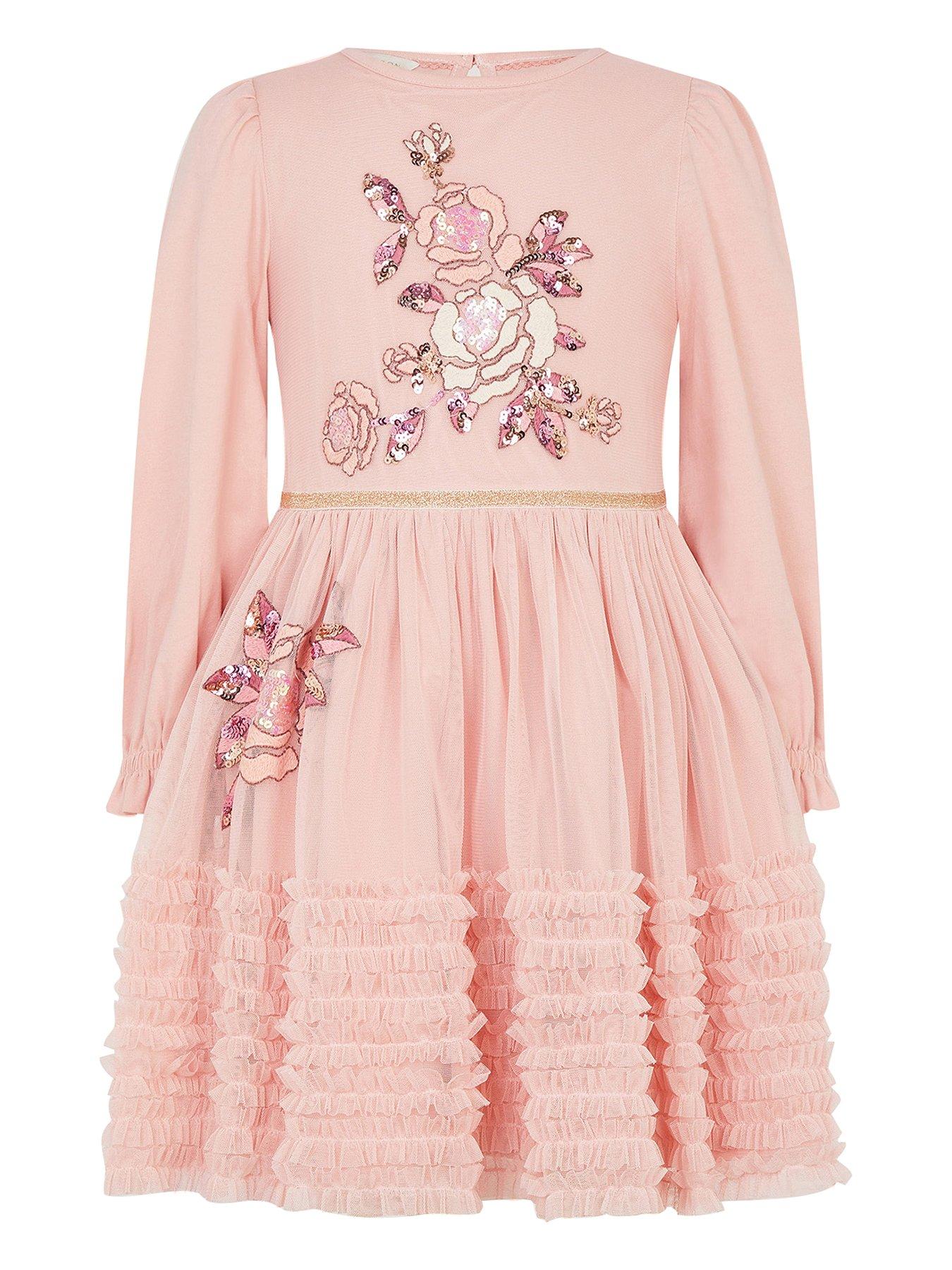 Image 2 of 4 of Monsoon Girls Floral Disco Mesh Ruffle Dress - Pink