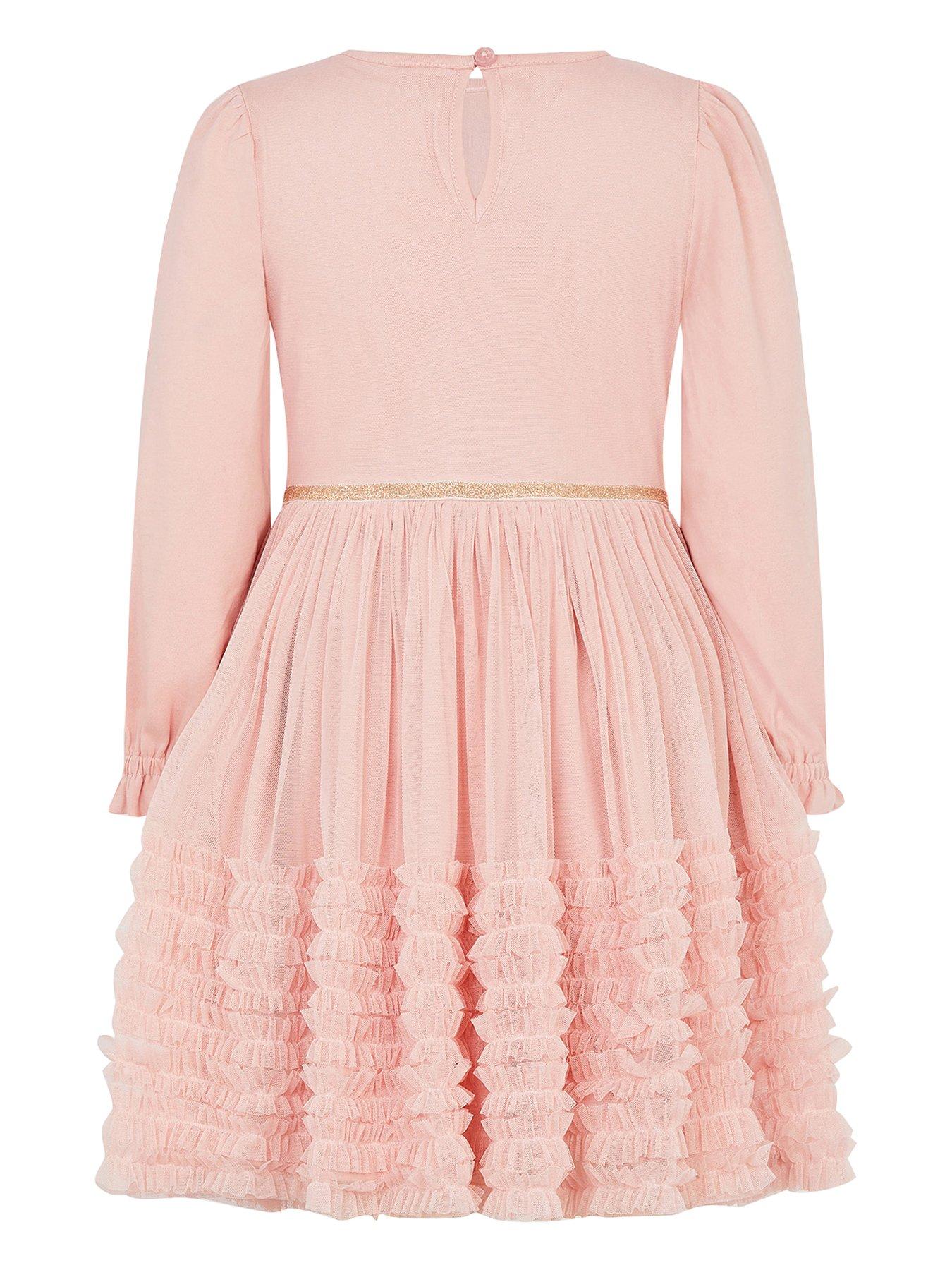 Image 3 of 4 of Monsoon Girls Floral Disco Mesh Ruffle Dress - Pink