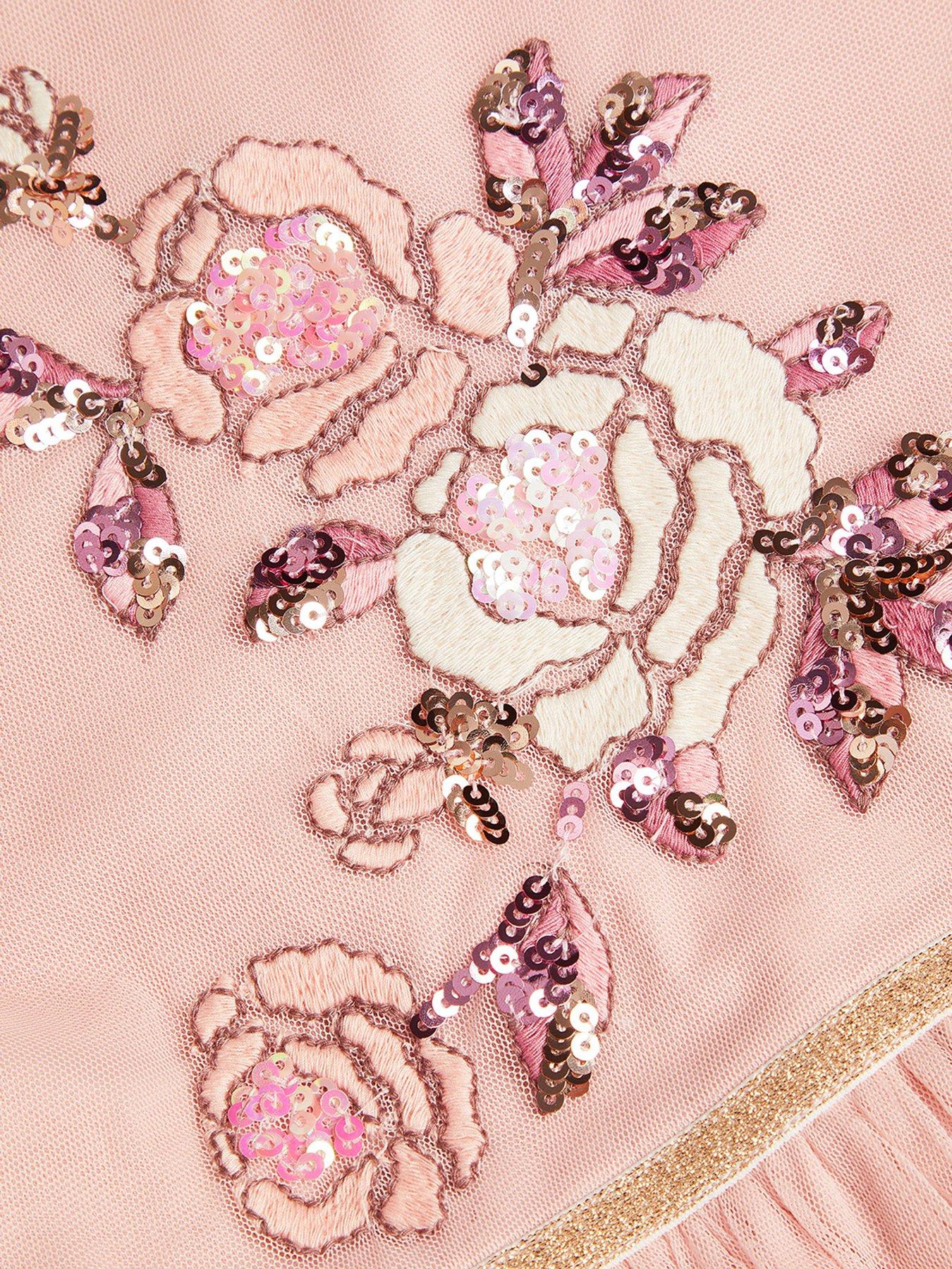 Image 4 of 4 of Monsoon Girls Floral Disco Mesh Ruffle Dress - Pink