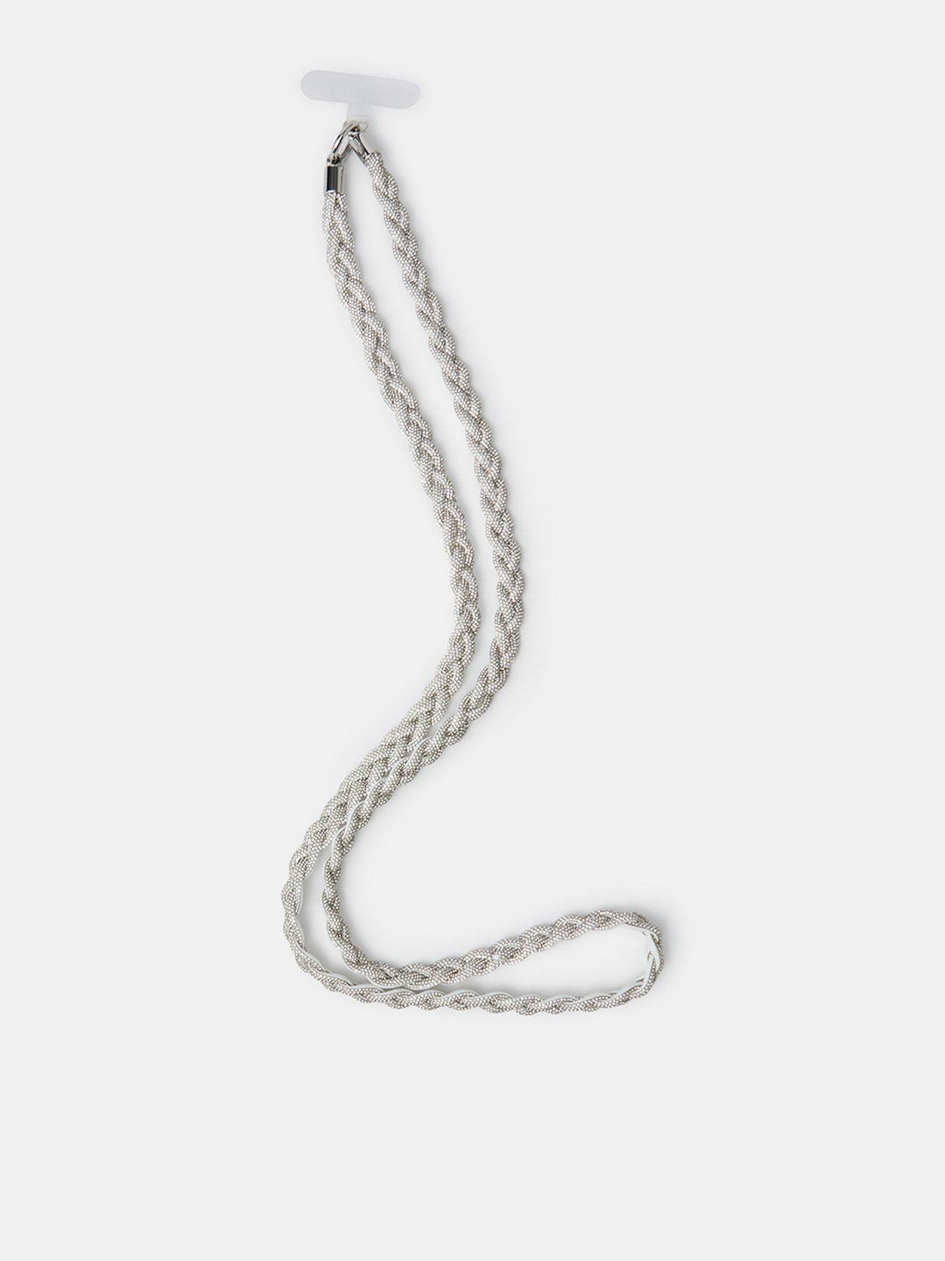 Image 1 of 2 of Accessorize Plaited Diamante Phone Strap - Silver