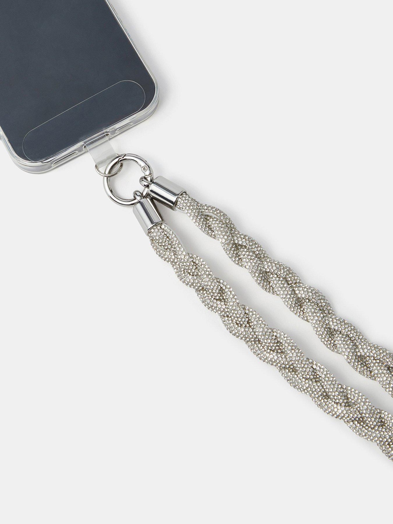 Image 2 of 2 of Accessorize Plaited Diamante Phone Strap - Silver