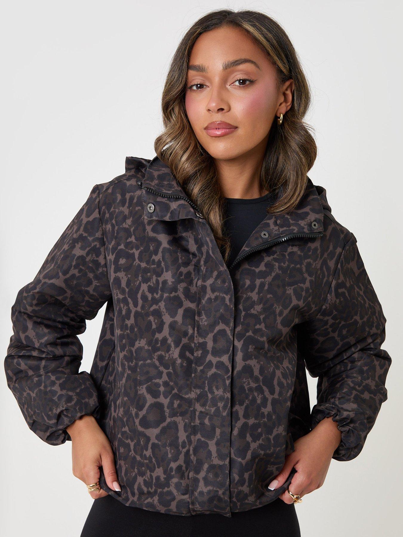 Image 1 of 4 of Threadbare Showerproof Funnel Neck Rain Mac In Leopard Print