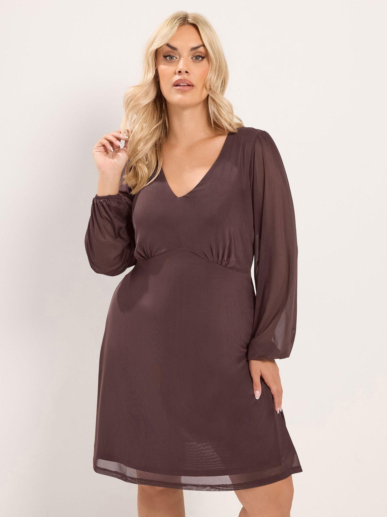 Yours Curve Mesh Balloon Sleeve Mini Dress - Brown
