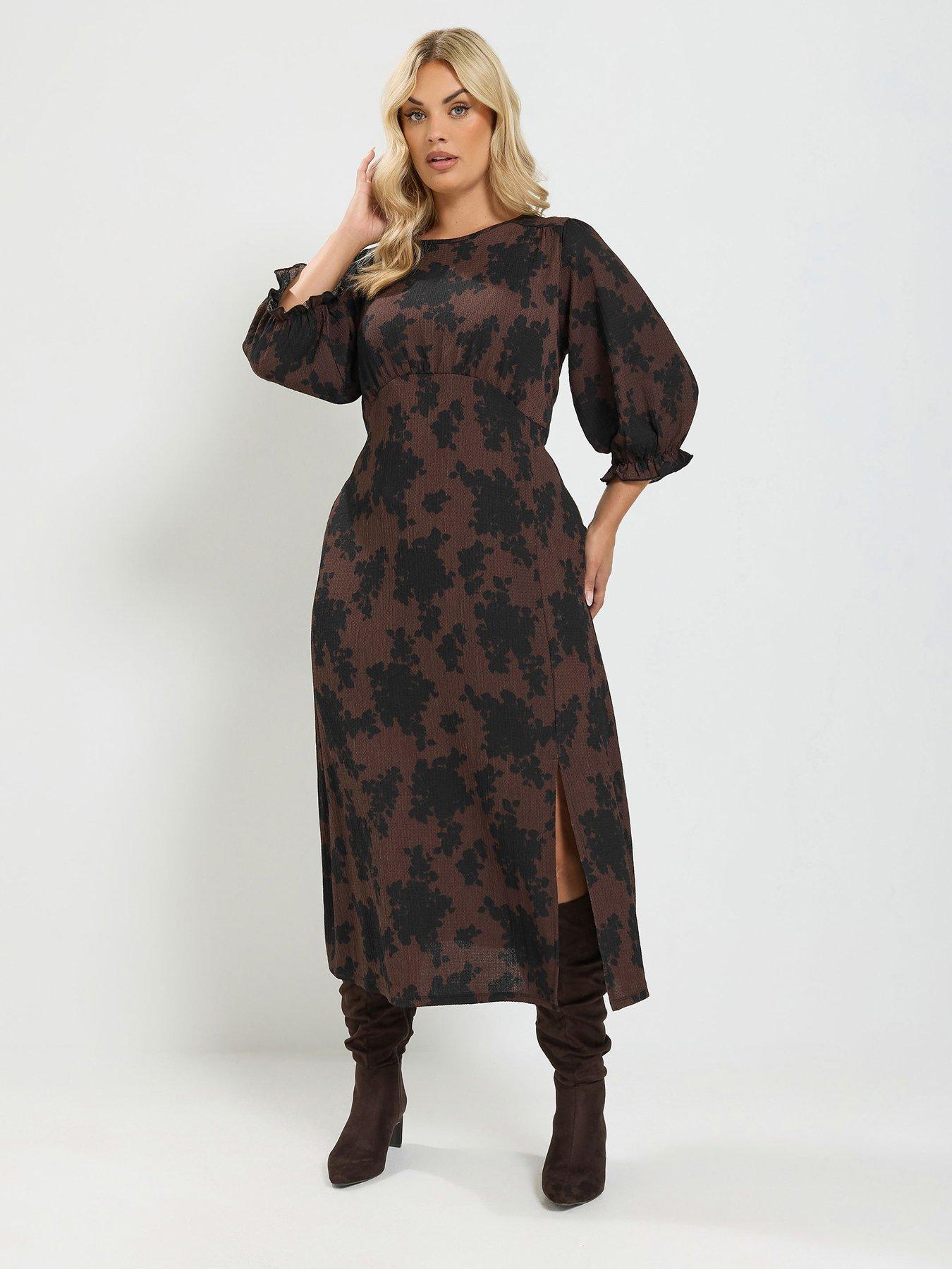 Yours Curve Midi Tea Dress - Brown