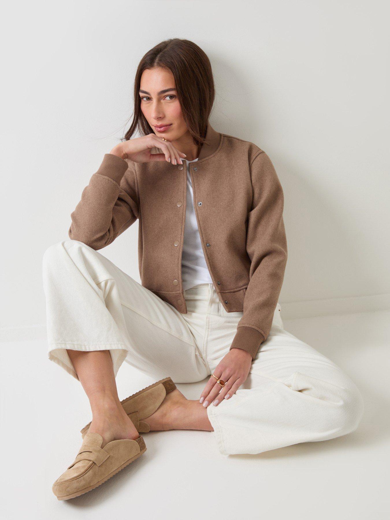 Image 1 of 6 of Threadbare Womens Petite Faux Wool Popper Bomber Jacket - Brown