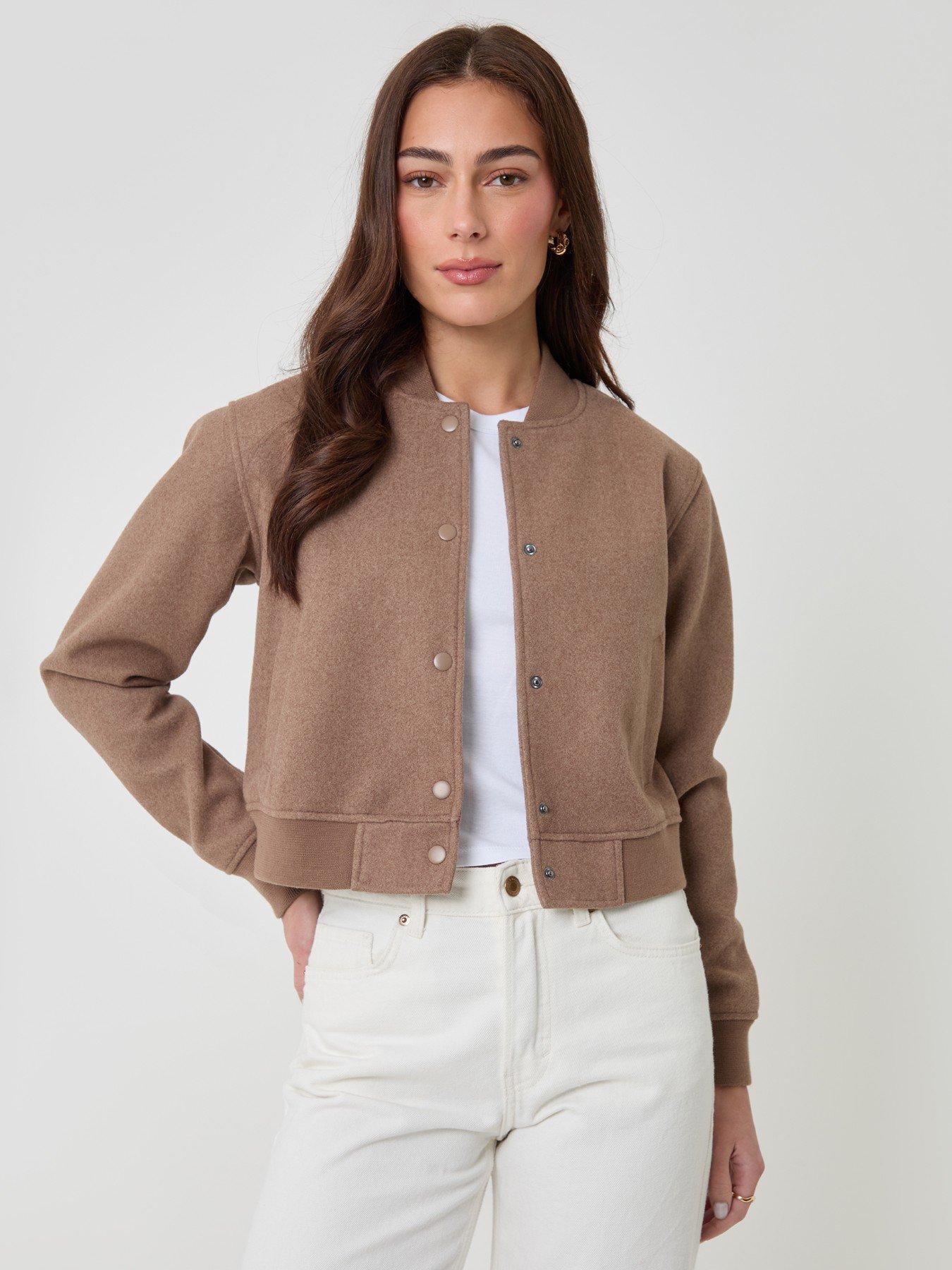 Image 3 of 6 of Threadbare Womens Petite Faux Wool Popper Bomber Jacket - Brown