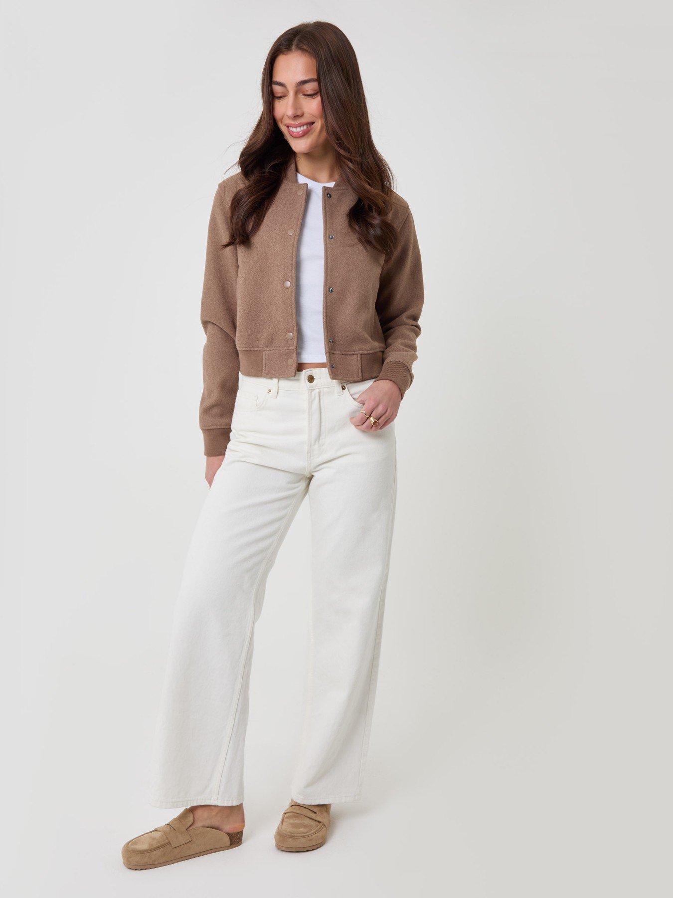 Image 4 of 6 of Threadbare Womens Petite Faux Wool Popper Bomber Jacket - Brown